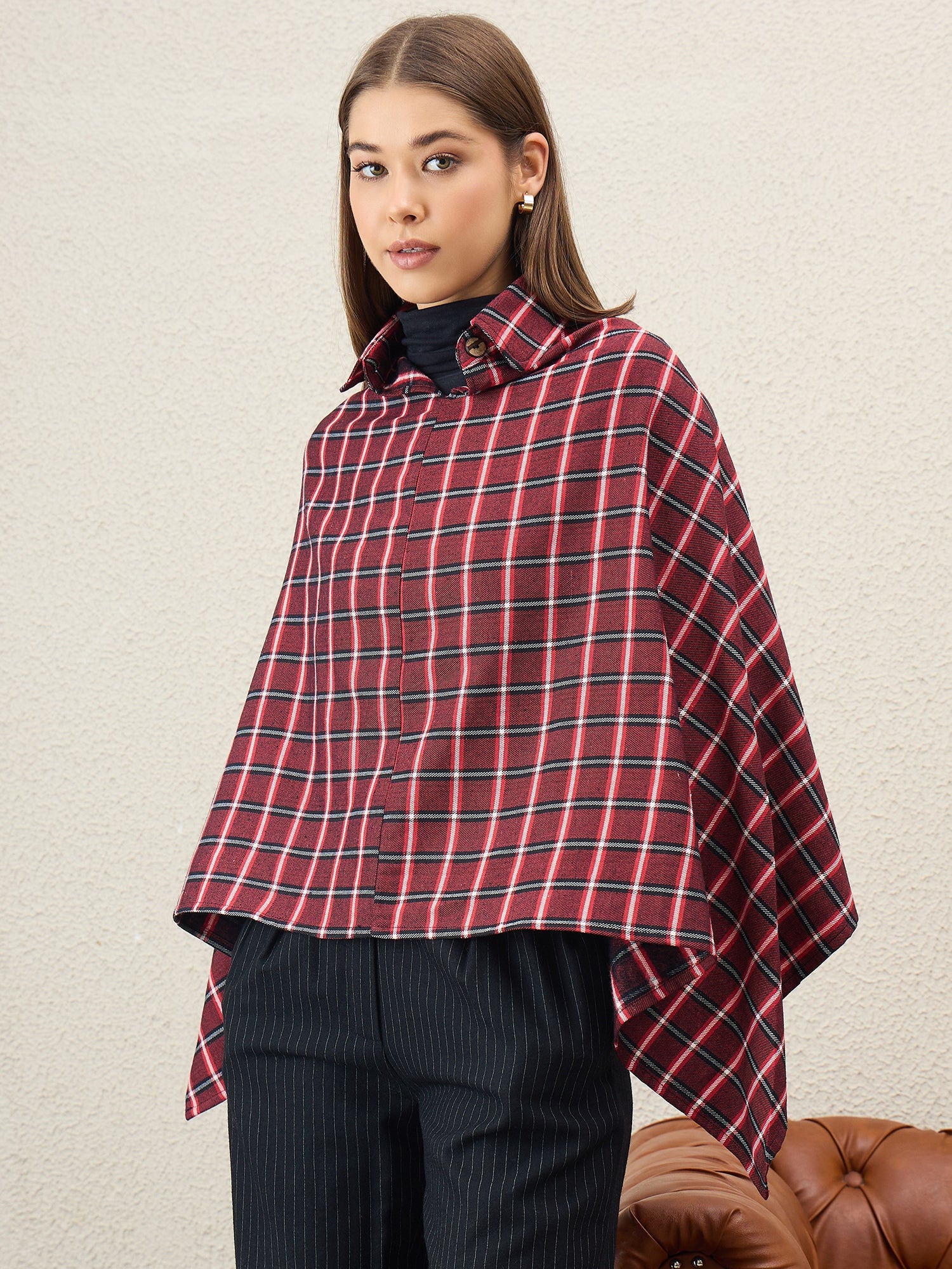 Maroon Black Big Check Collar Poncho