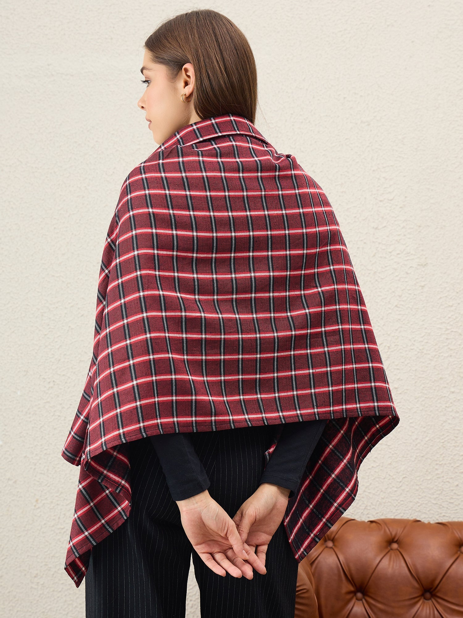 Maroon Black Big Check Collar Poncho