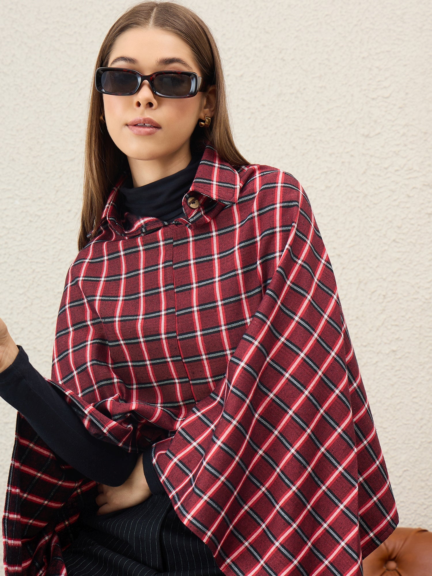 Maroon Black Big Check Collar Poncho