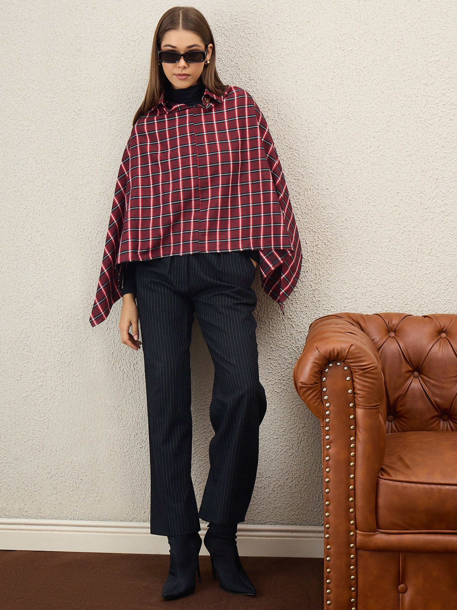Maroon Black Big Check Collar Poncho