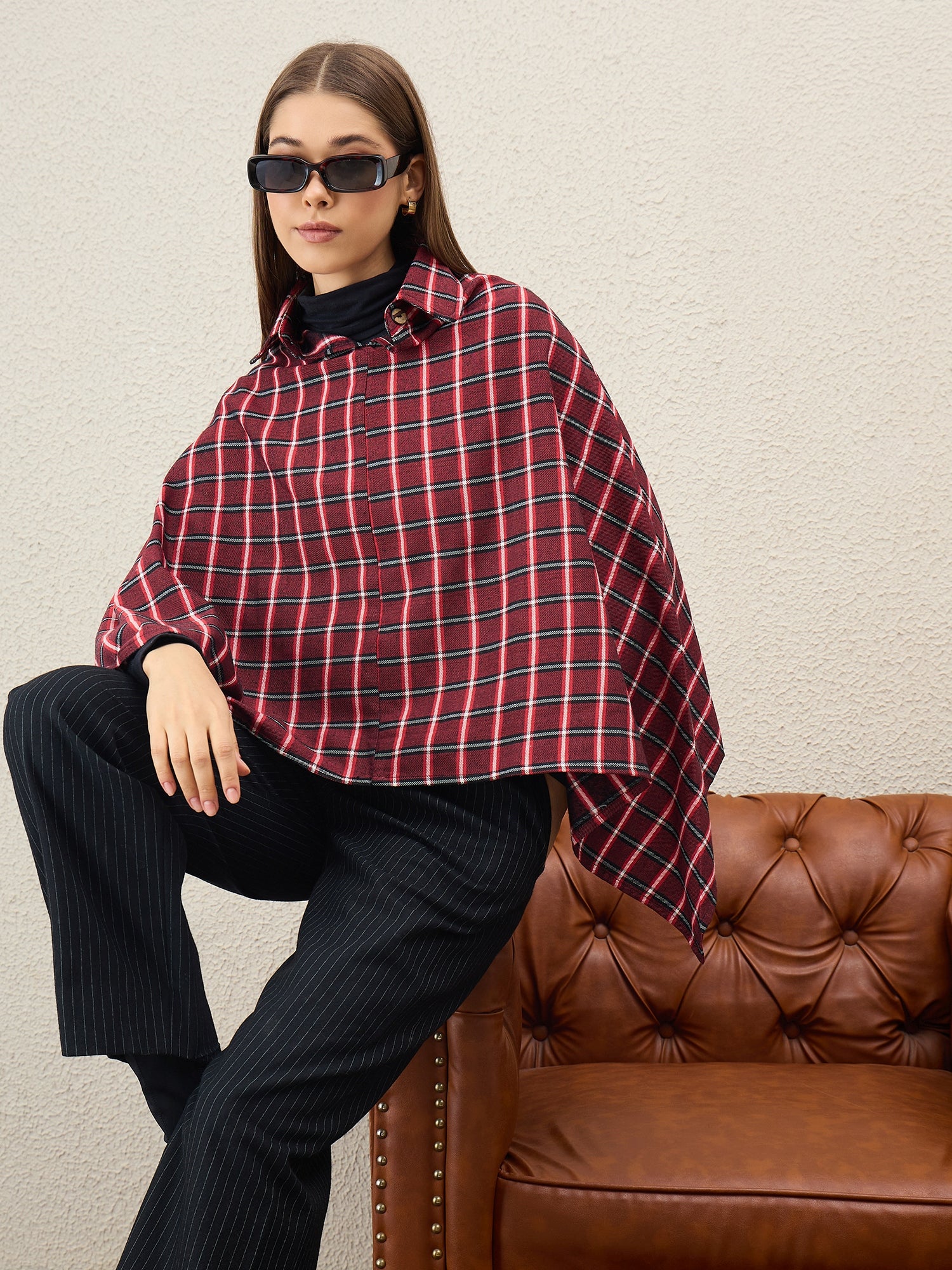 Maroon Black Big Check Collar Poncho