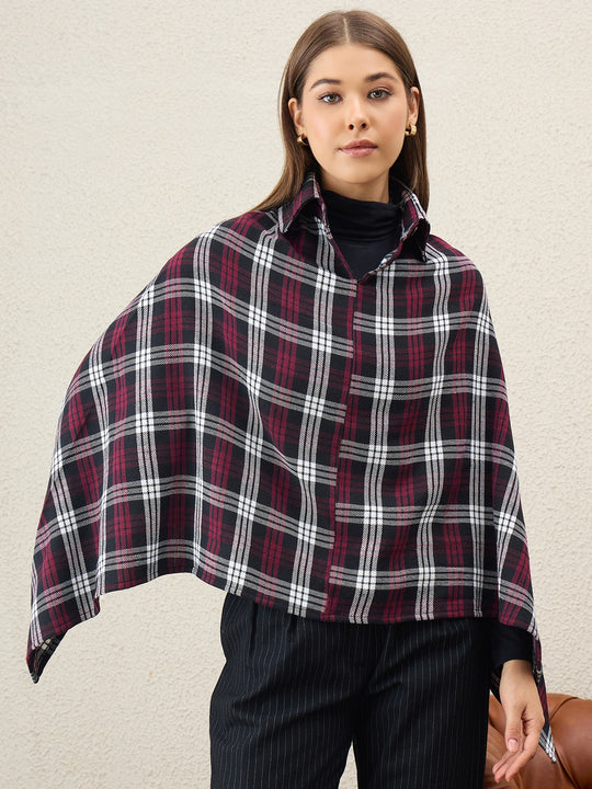 Wine White Plaids Collar Poncho