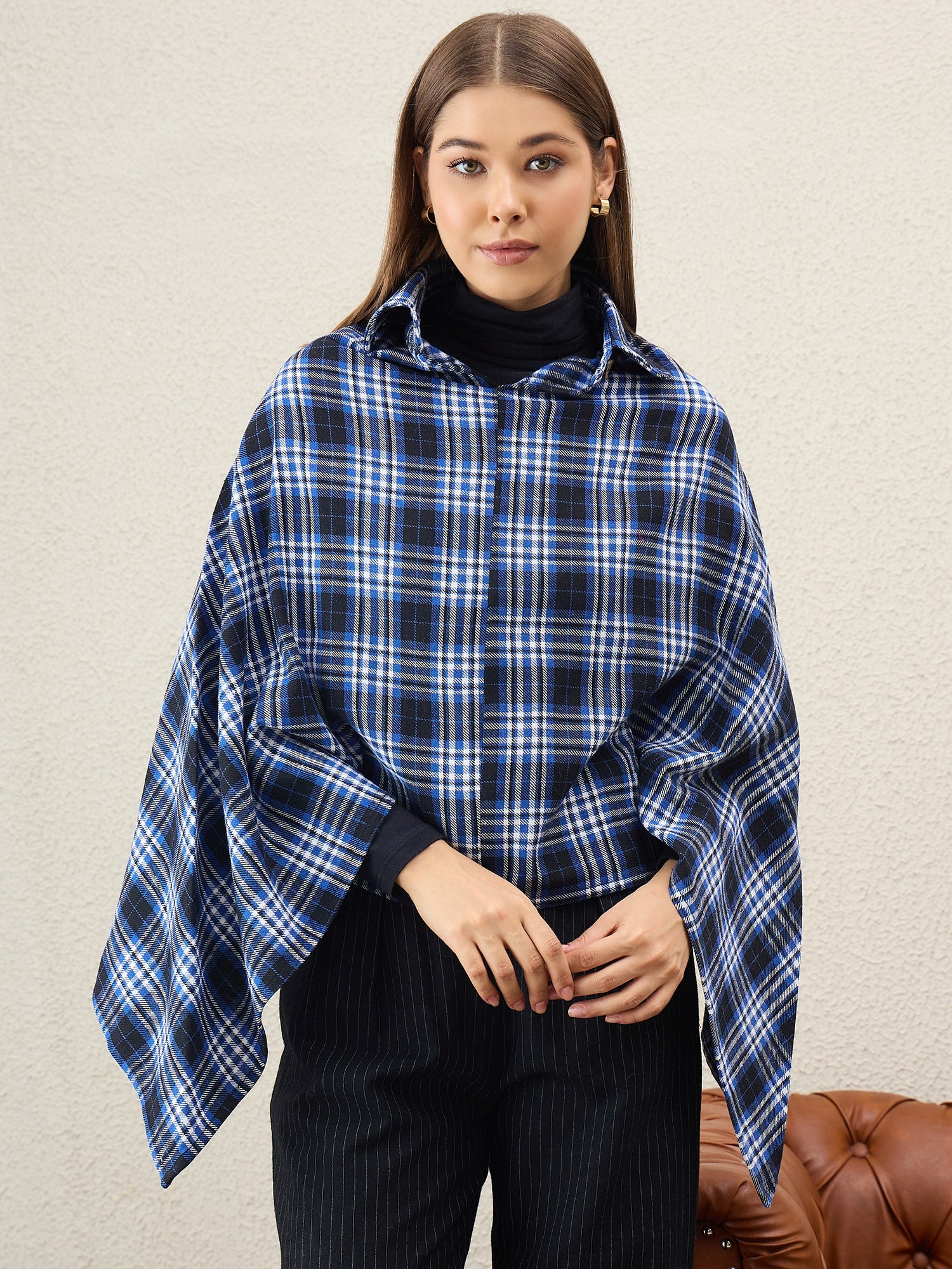 Black Blue Plaids Collar Poncho