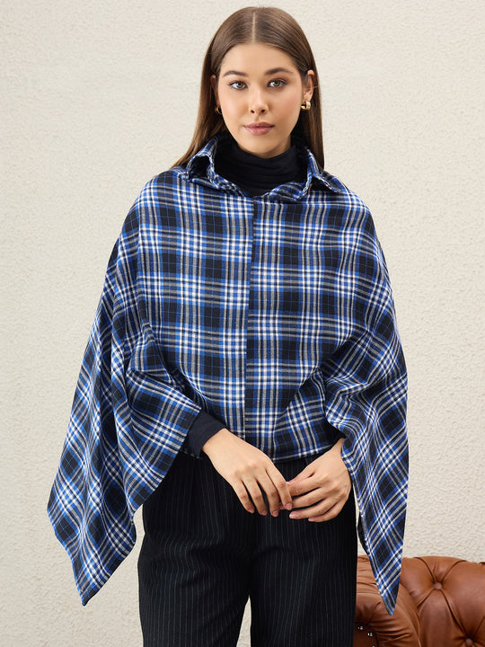 Black Blue Plaids Collar Poncho