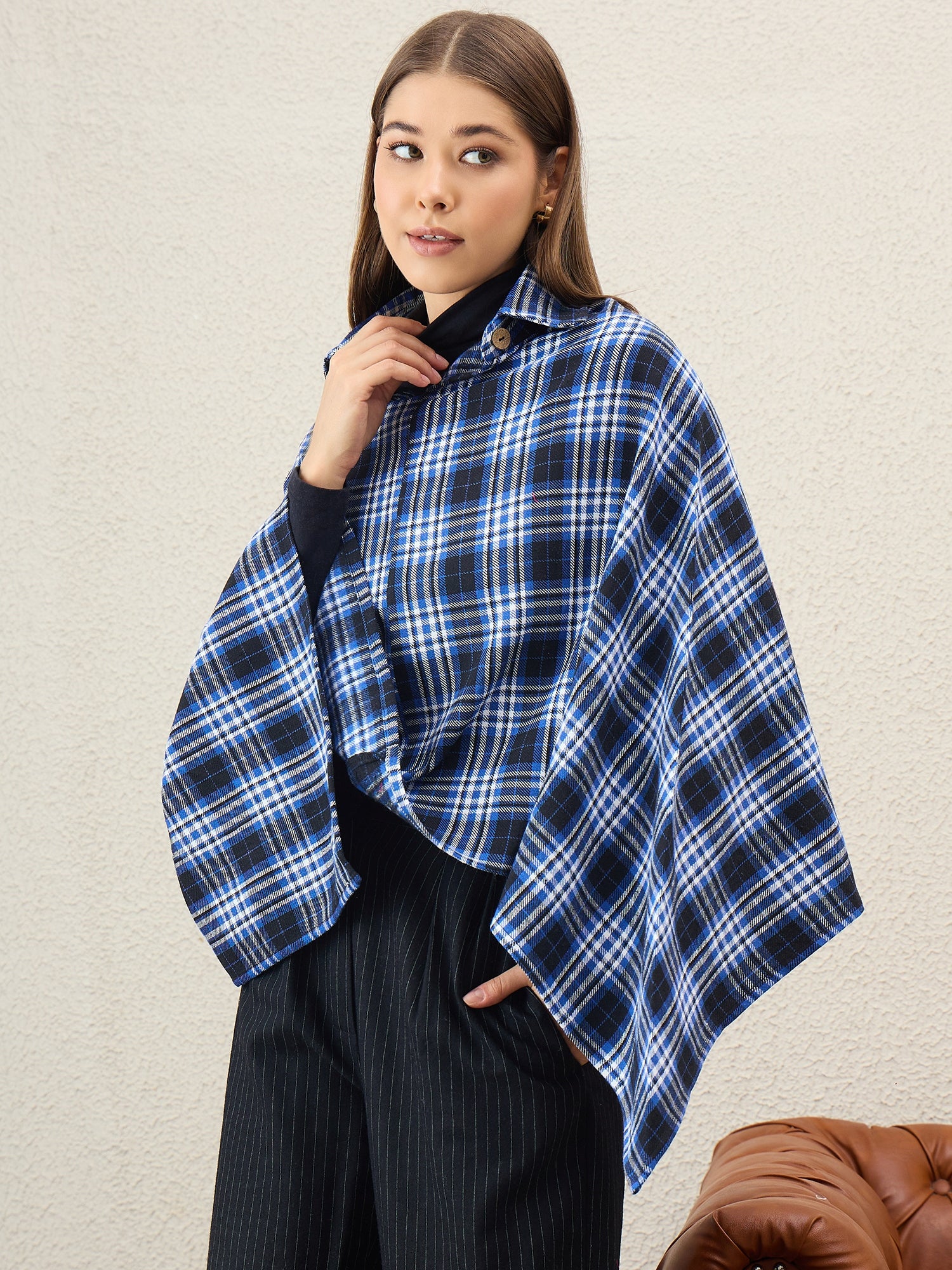 Black Blue Plaids Collar Poncho