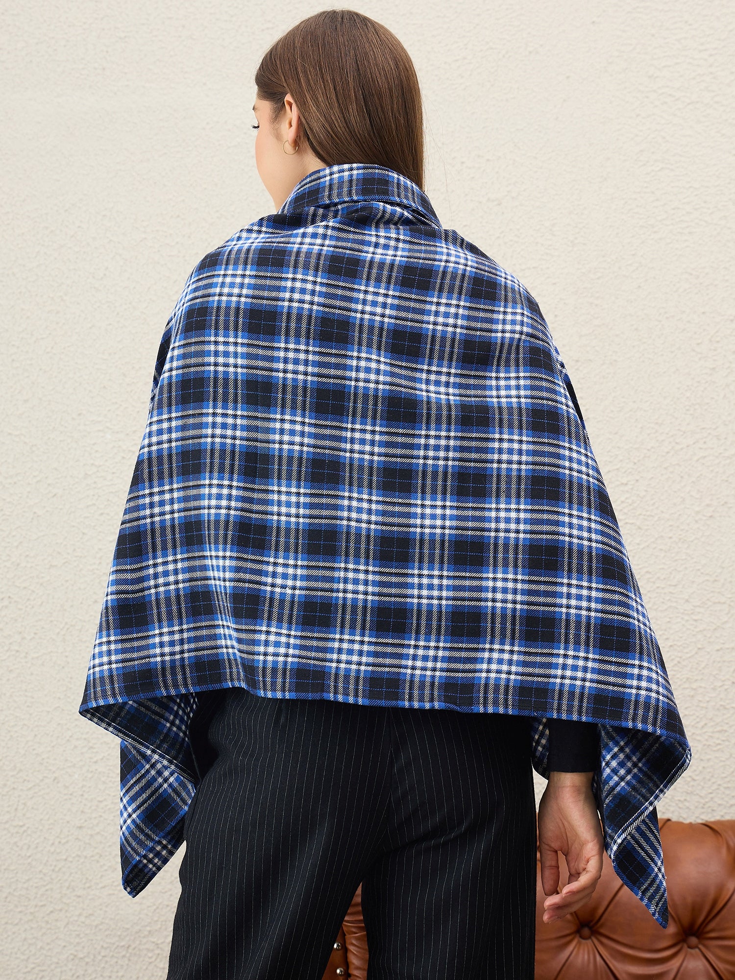 Black Blue Plaids Collar Poncho