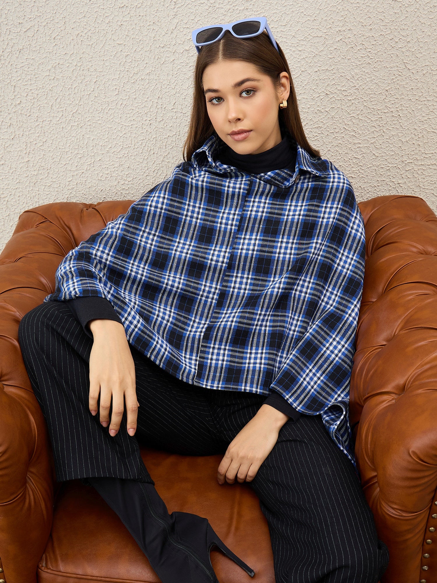 Black Blue Plaids Collar Poncho