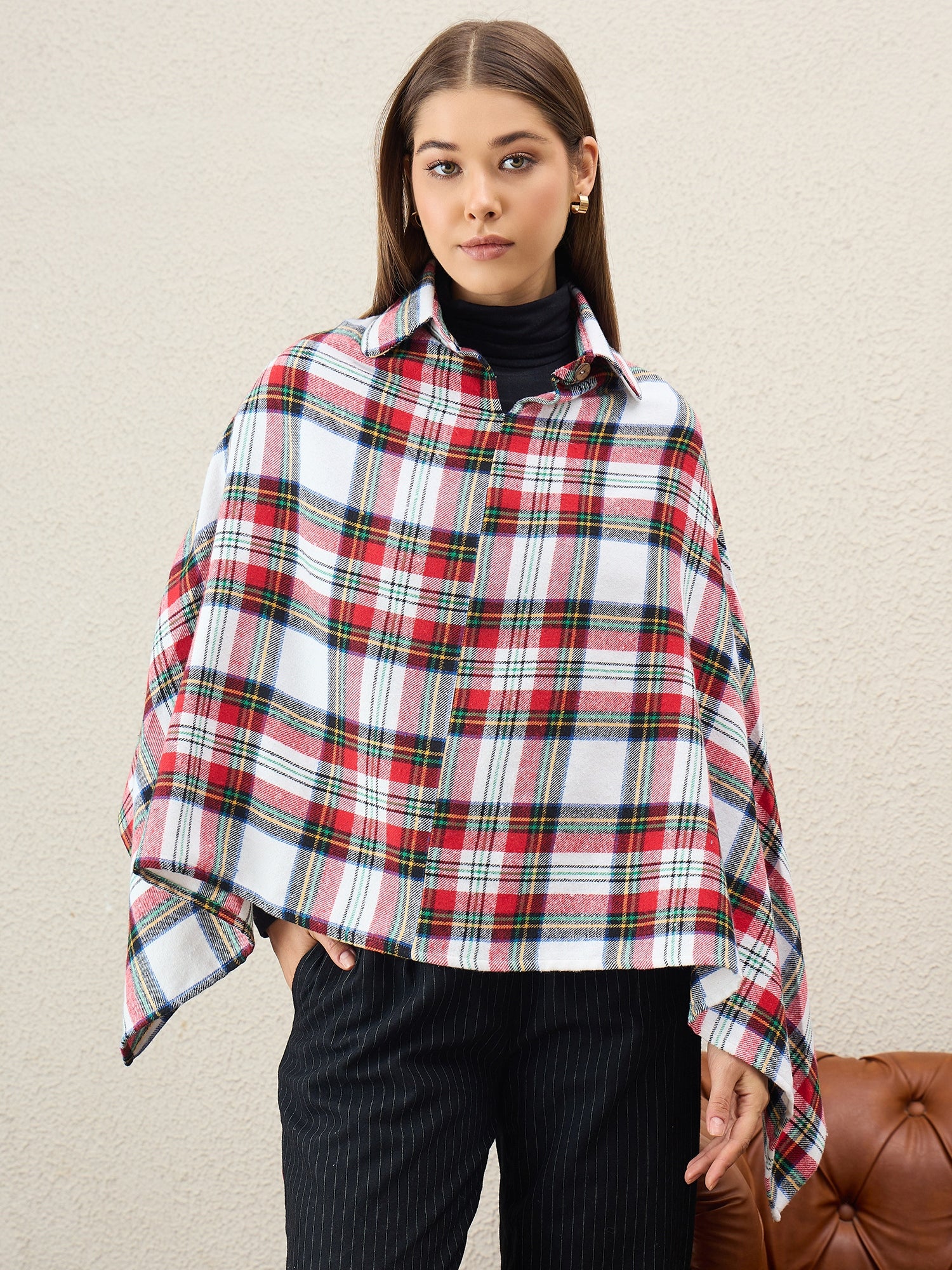 White Multi Plaids Collar Poncho