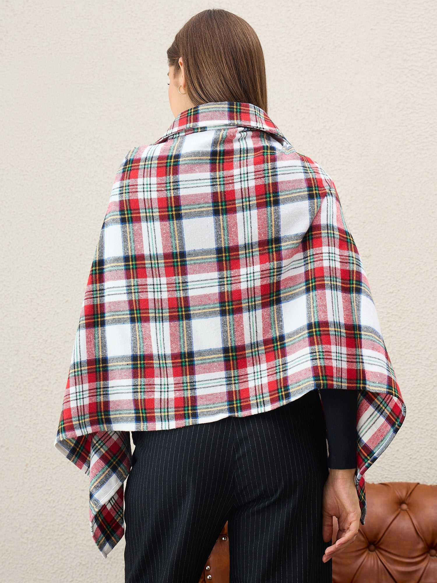 White Multi Plaids Collar Poncho