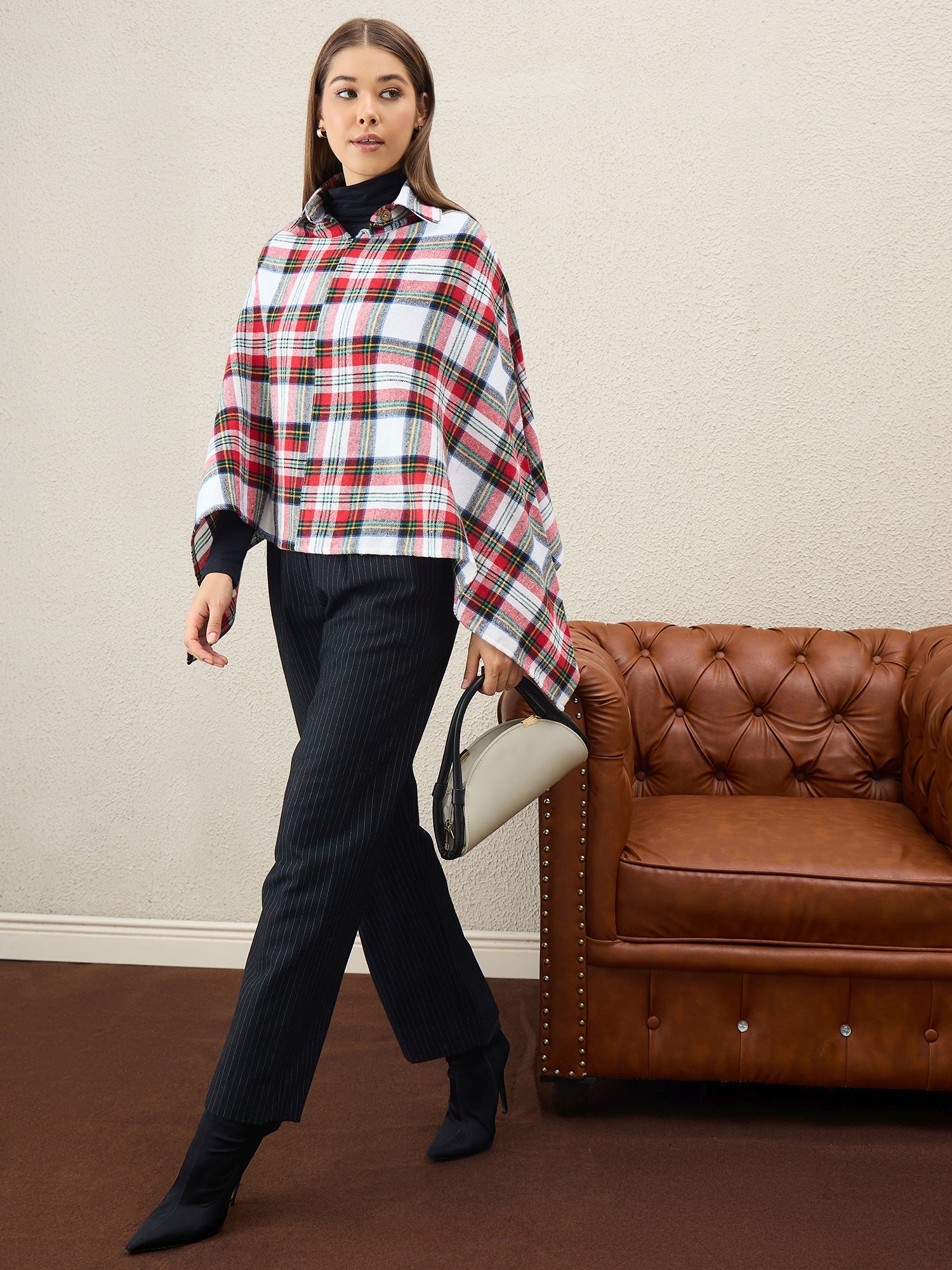 White Multi Plaids Collar Poncho