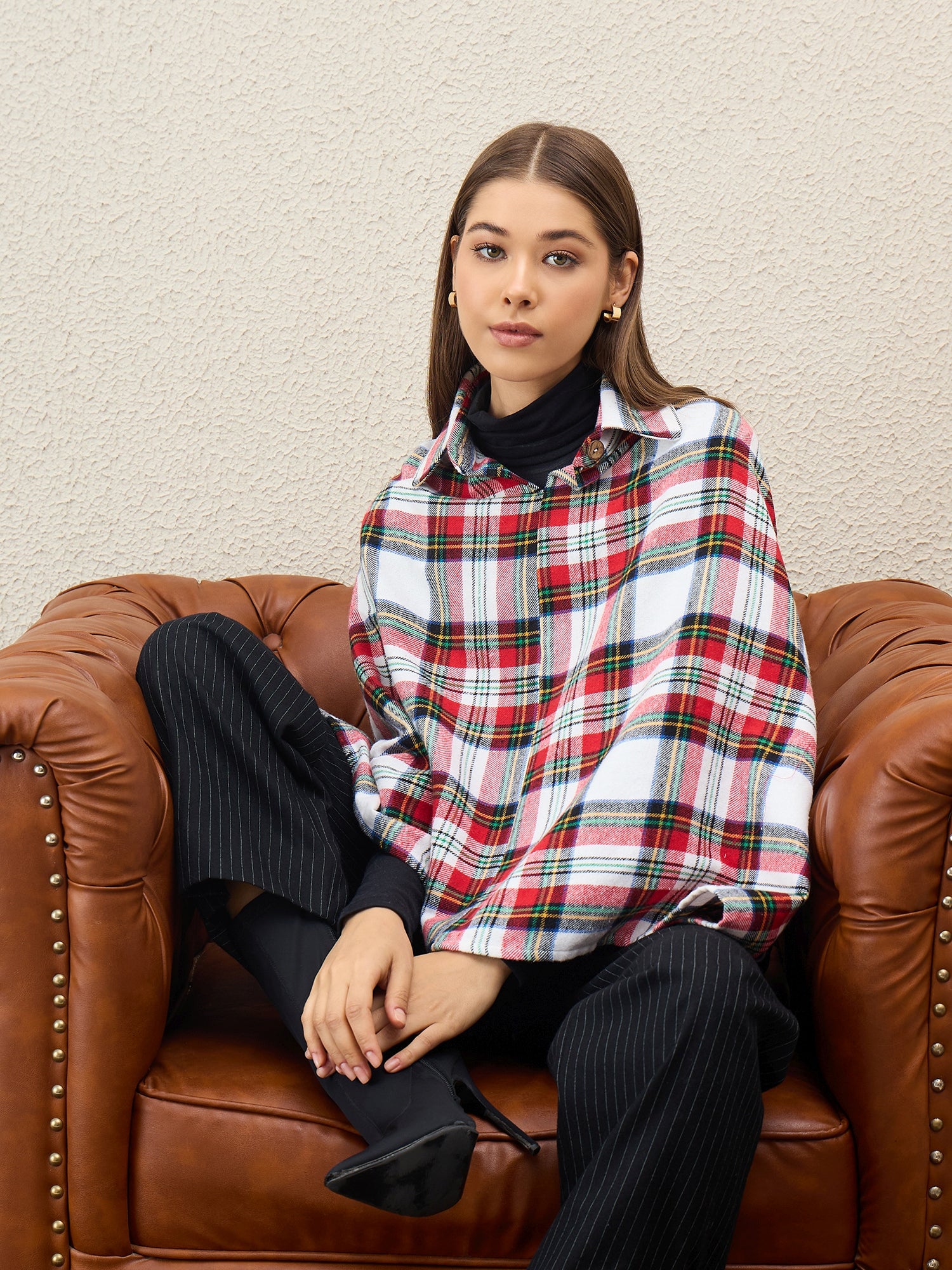 White Multi Plaids Collar Poncho