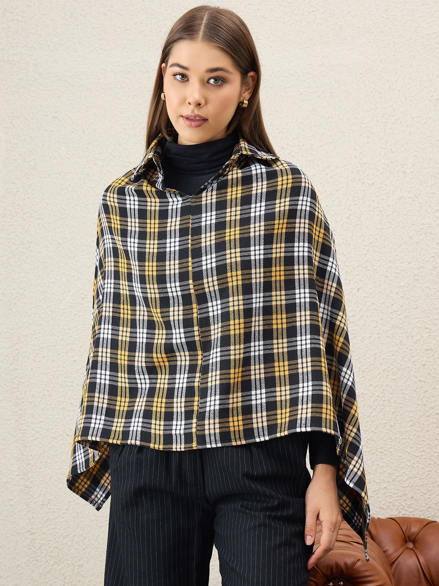 Yellow Black Plaids Collar Poncho