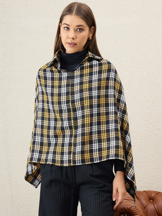 Yellow Black Plaids Collar Poncho