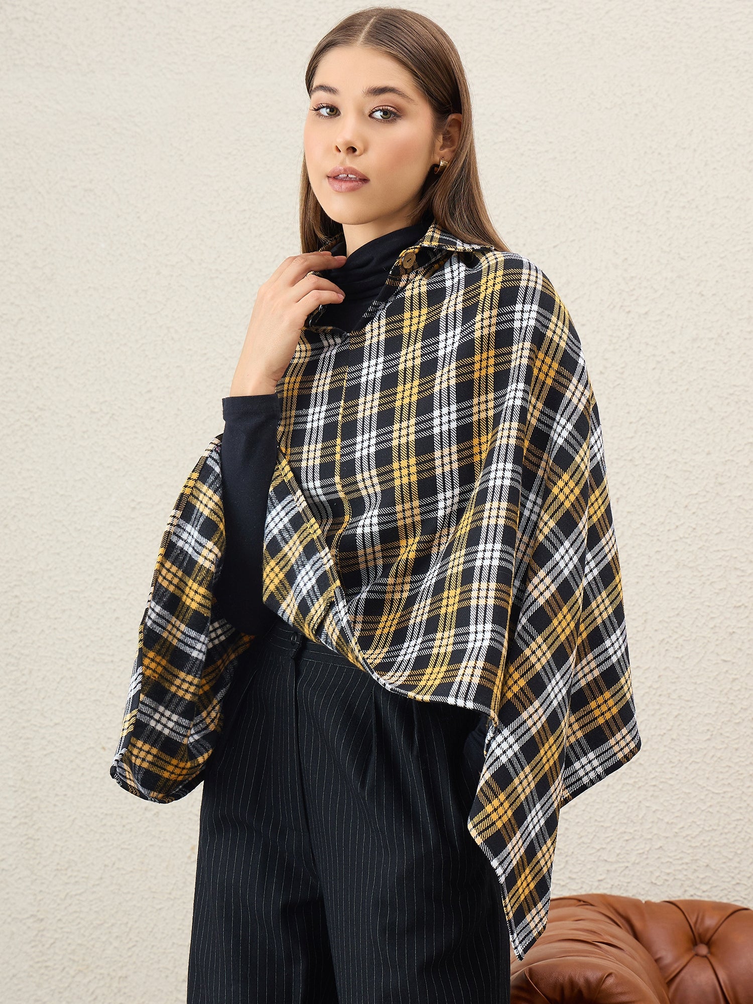 Yellow Black Plaids Collar Poncho