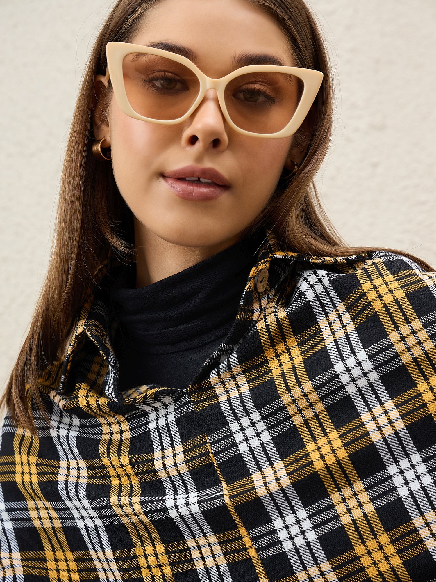 Yellow Black Plaids Collar Poncho