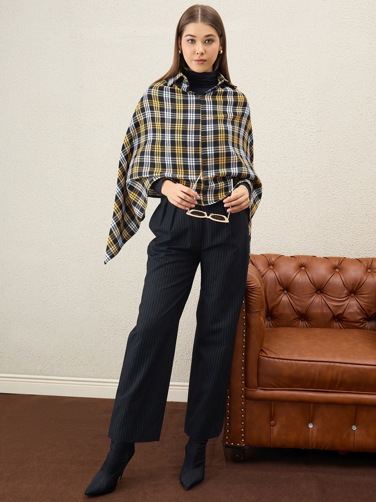 Yellow Black Plaids Collar Poncho