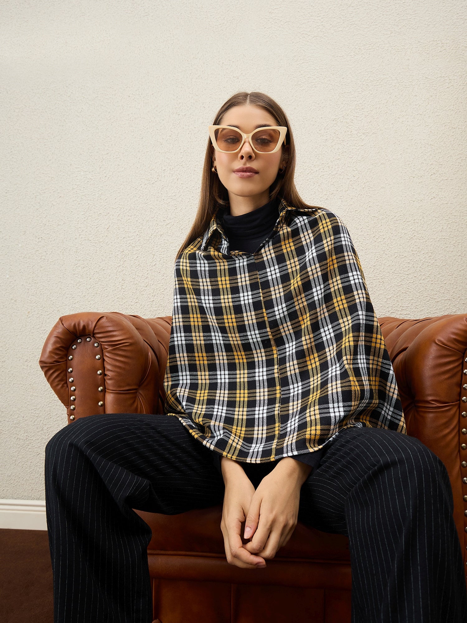 Yellow Black Plaids Collar Poncho