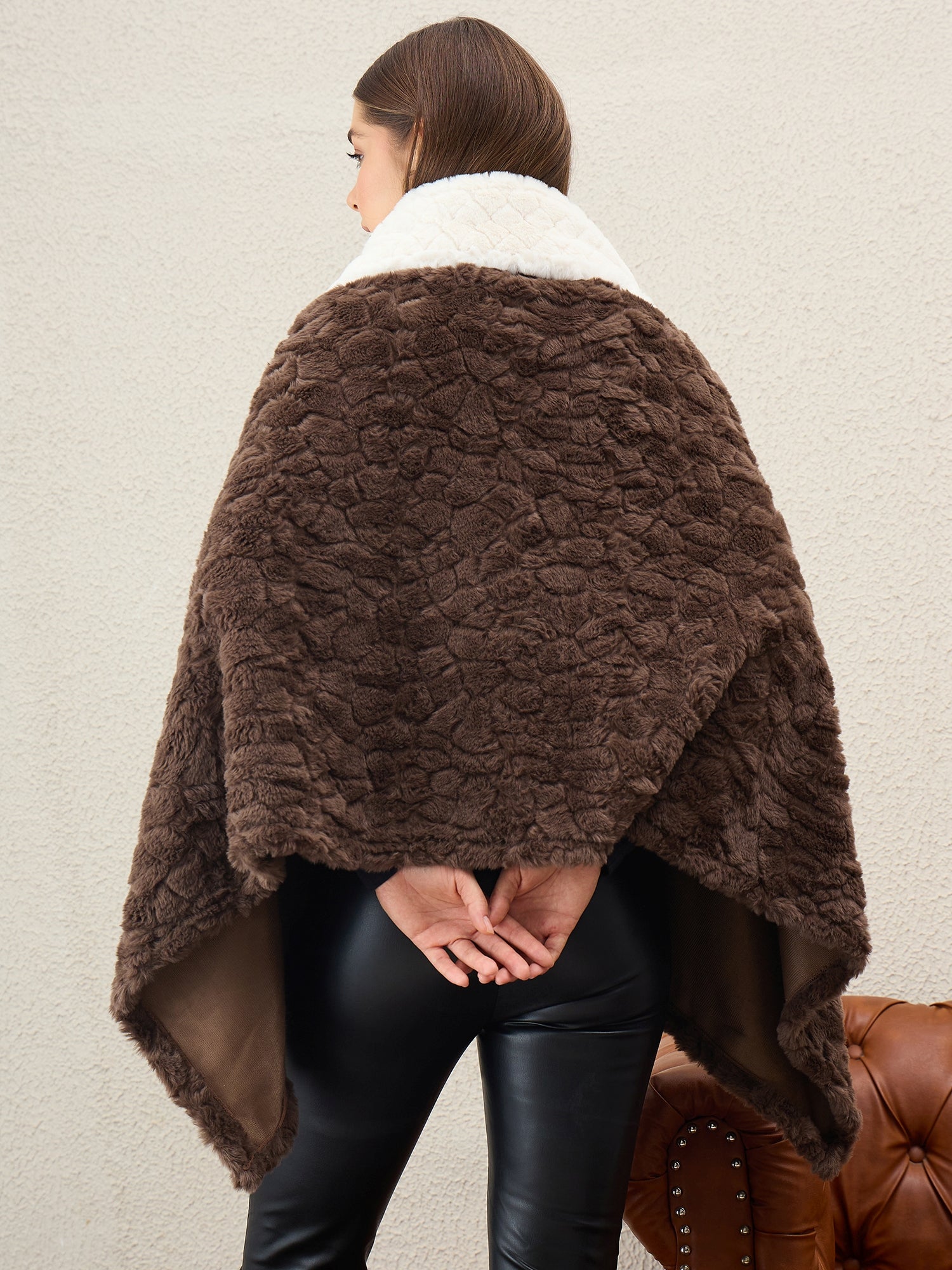 Dark Brown Texture White Fur Poncho