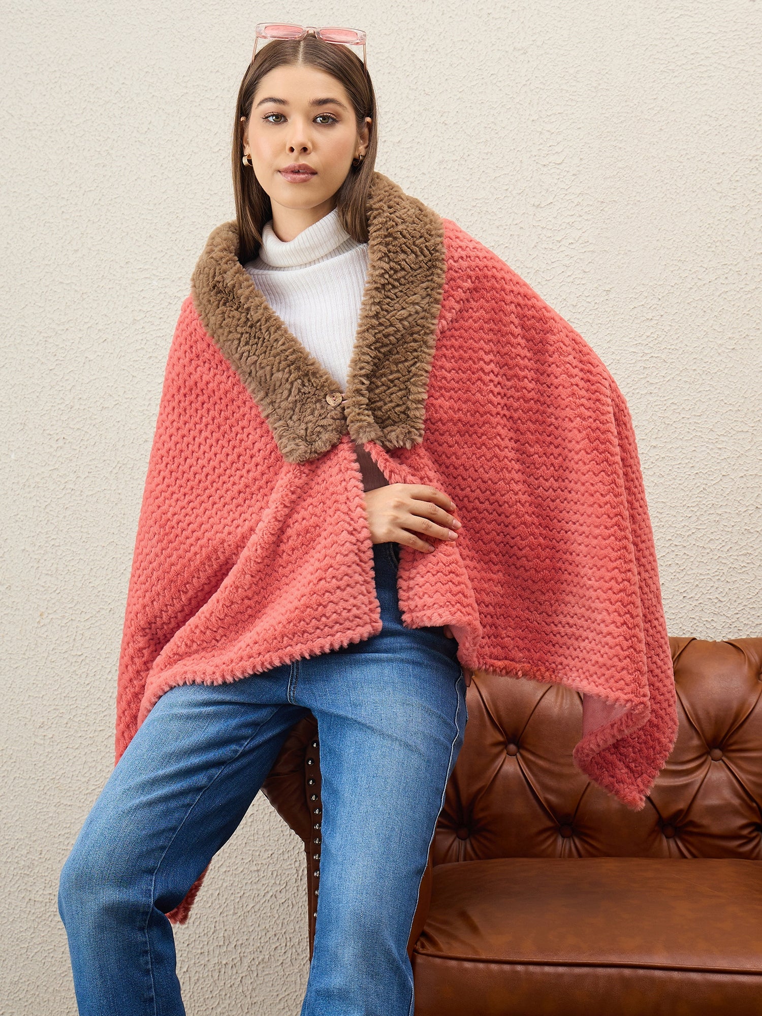 Dark Peach Texture Brown Fur Poncho