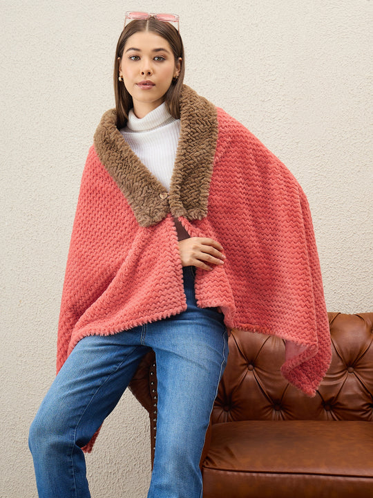 Dark Peach Texture Brown Fur Poncho