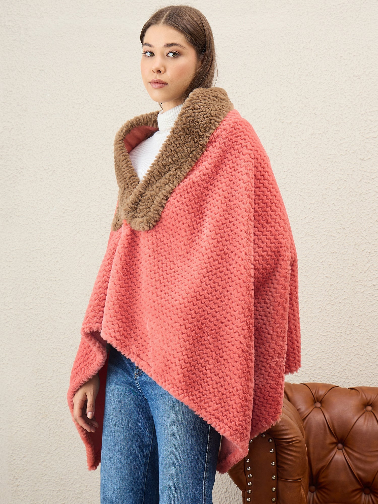 Dark Peach Texture Brown Fur Poncho