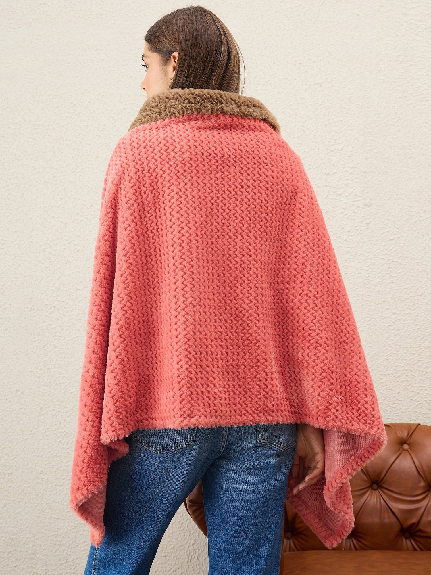 Dark Peach Texture Brown Fur Poncho