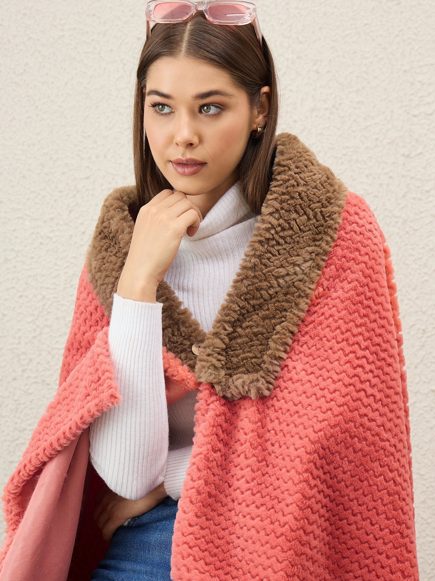 Dark Peach Texture Brown Fur Poncho