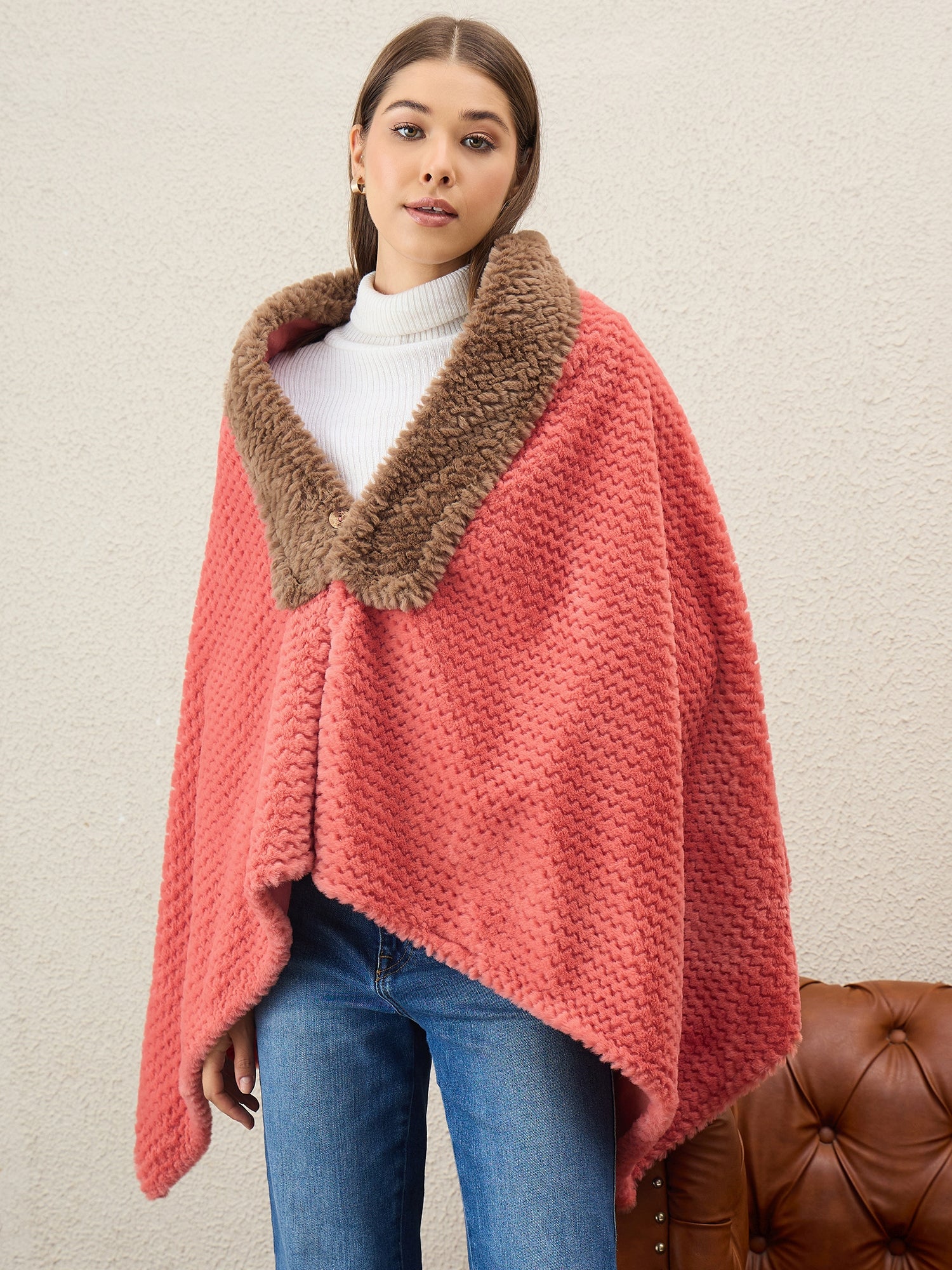 Dark Peach Texture Brown Fur Poncho