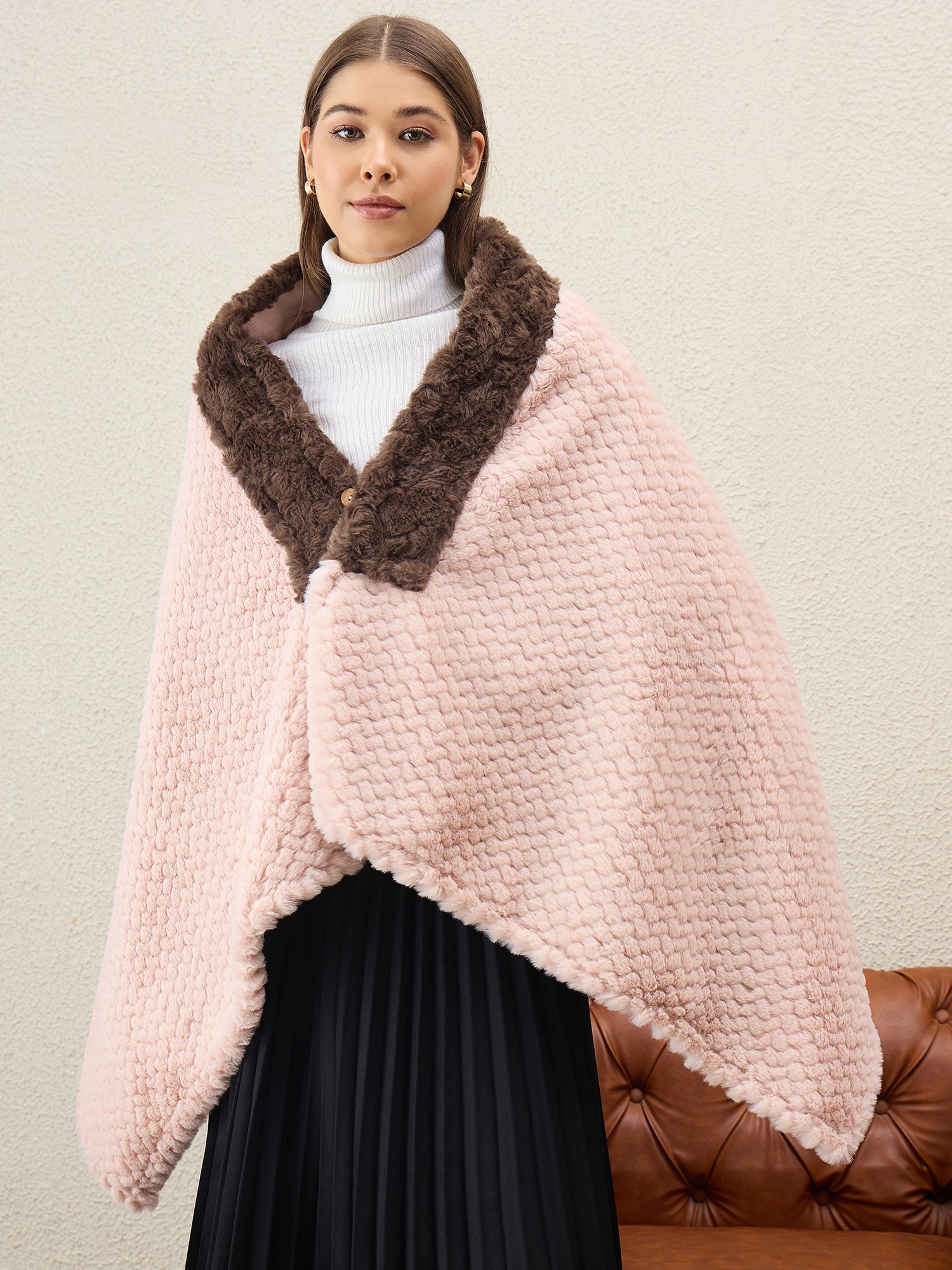 Light Pink Texture Brown Fur Poncho