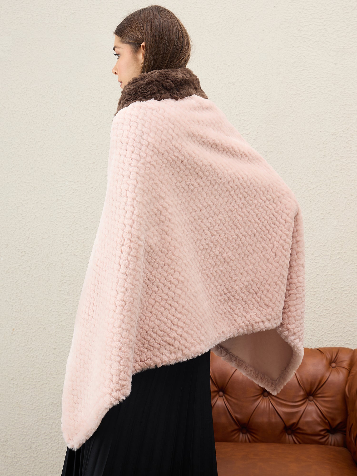 Light Pink Texture Brown Fur Poncho