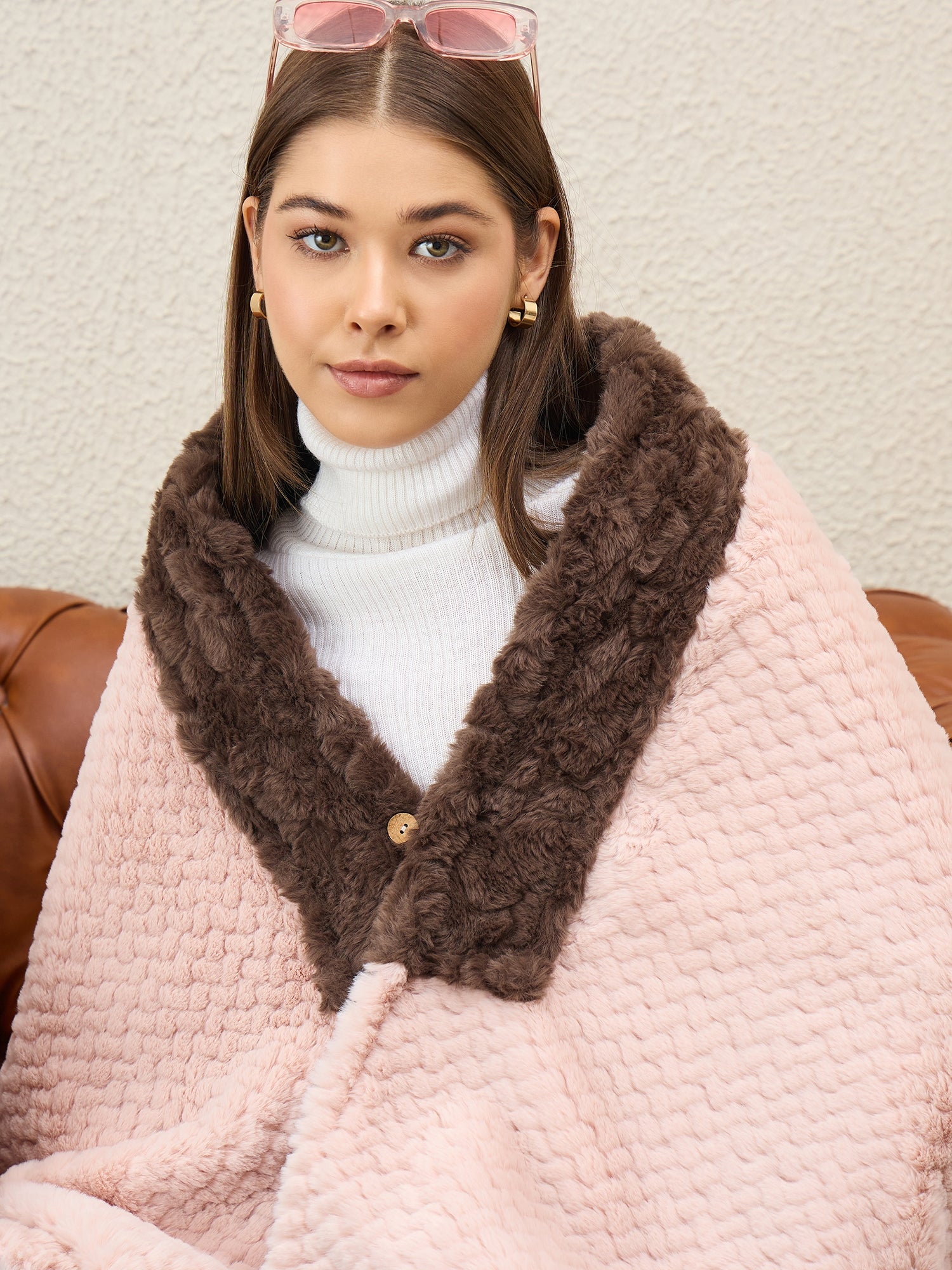 Light Pink Texture Brown Fur Poncho