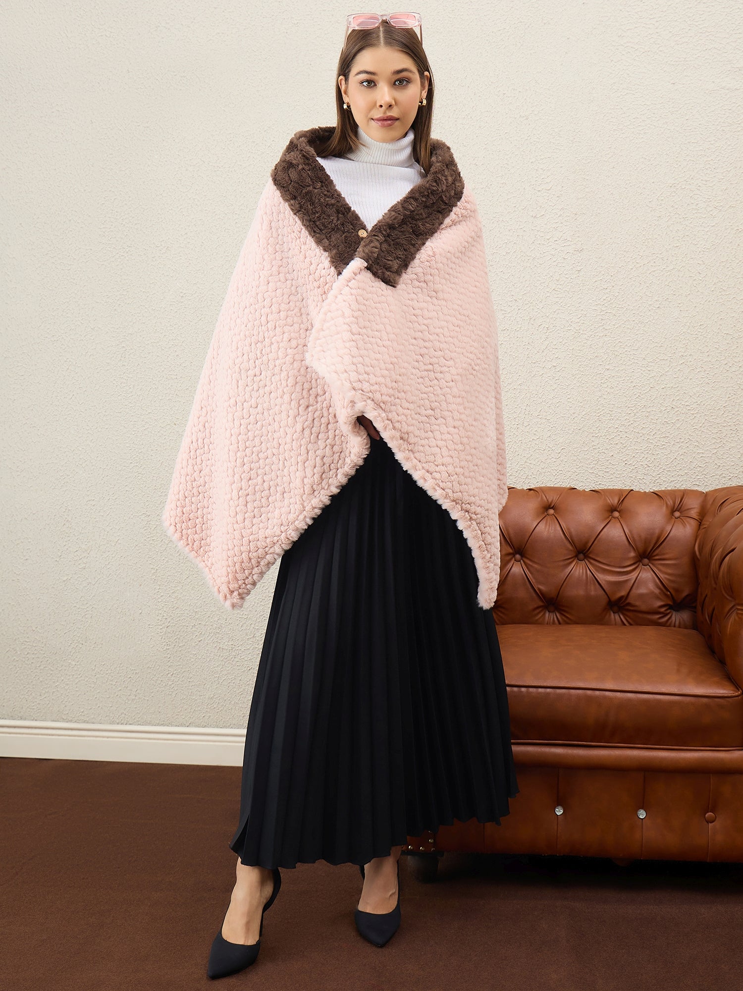 Light Pink Texture Brown Fur Poncho