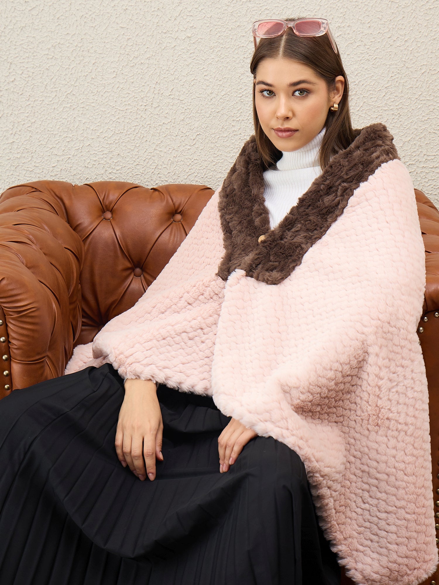 Light Pink Texture Brown Fur Poncho