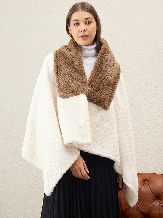 White Texture Brown Fur Poncho