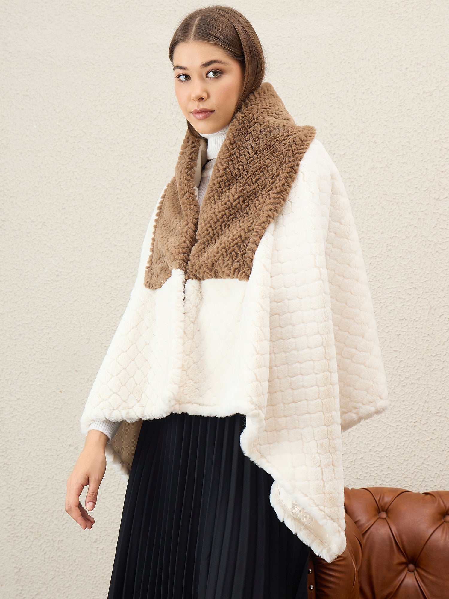 White Texture Brown Fur Poncho