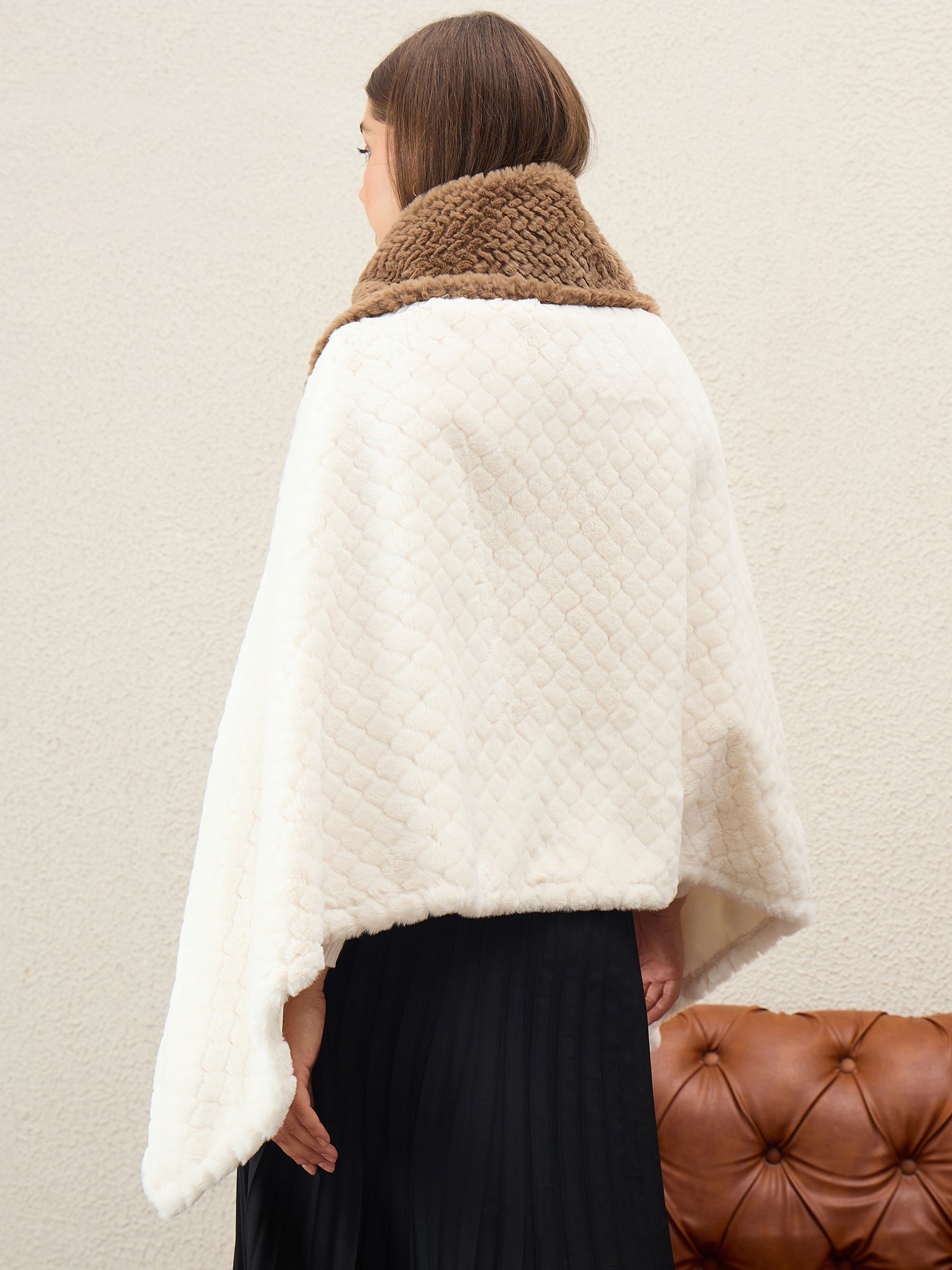 White Texture Brown Fur Poncho