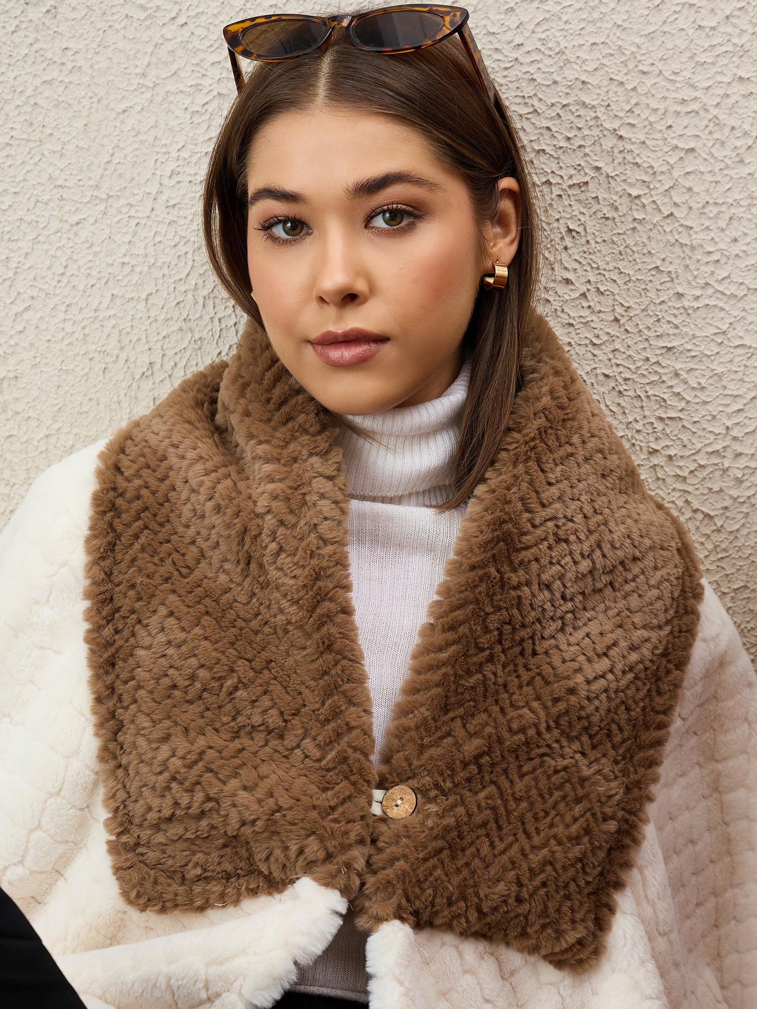 White Texture Brown Fur Poncho