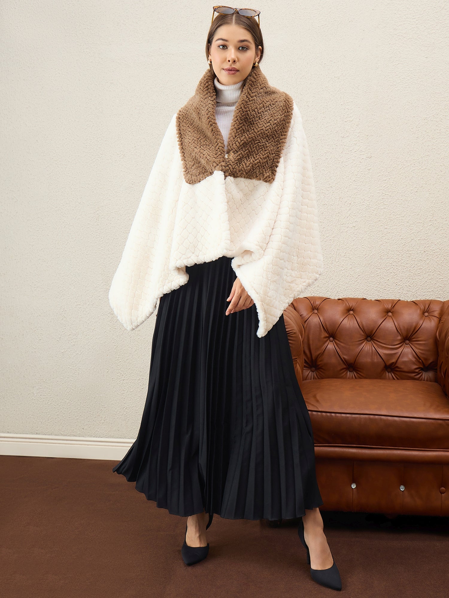 White Texture Brown Fur Poncho