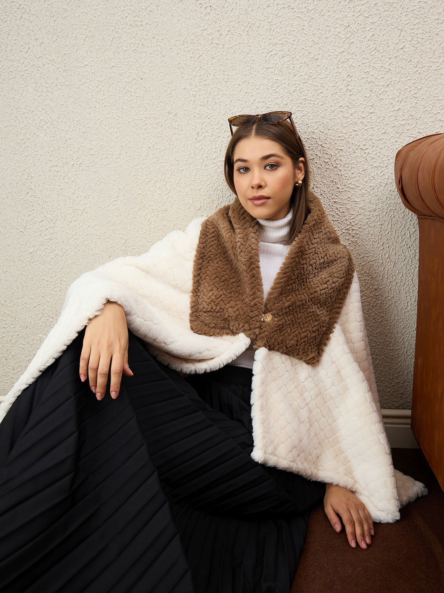 White Texture Brown Fur Poncho