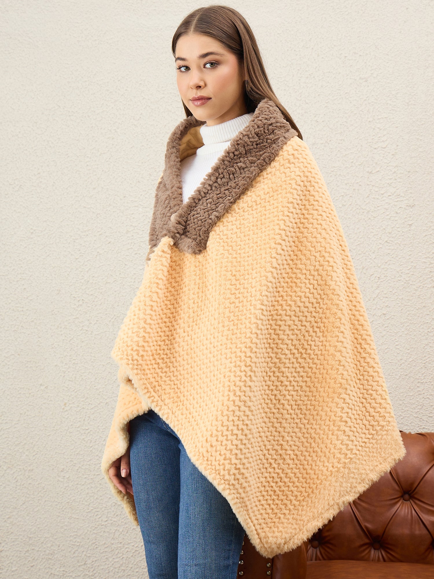 Light Yellow Texture Brown Fur Poncho