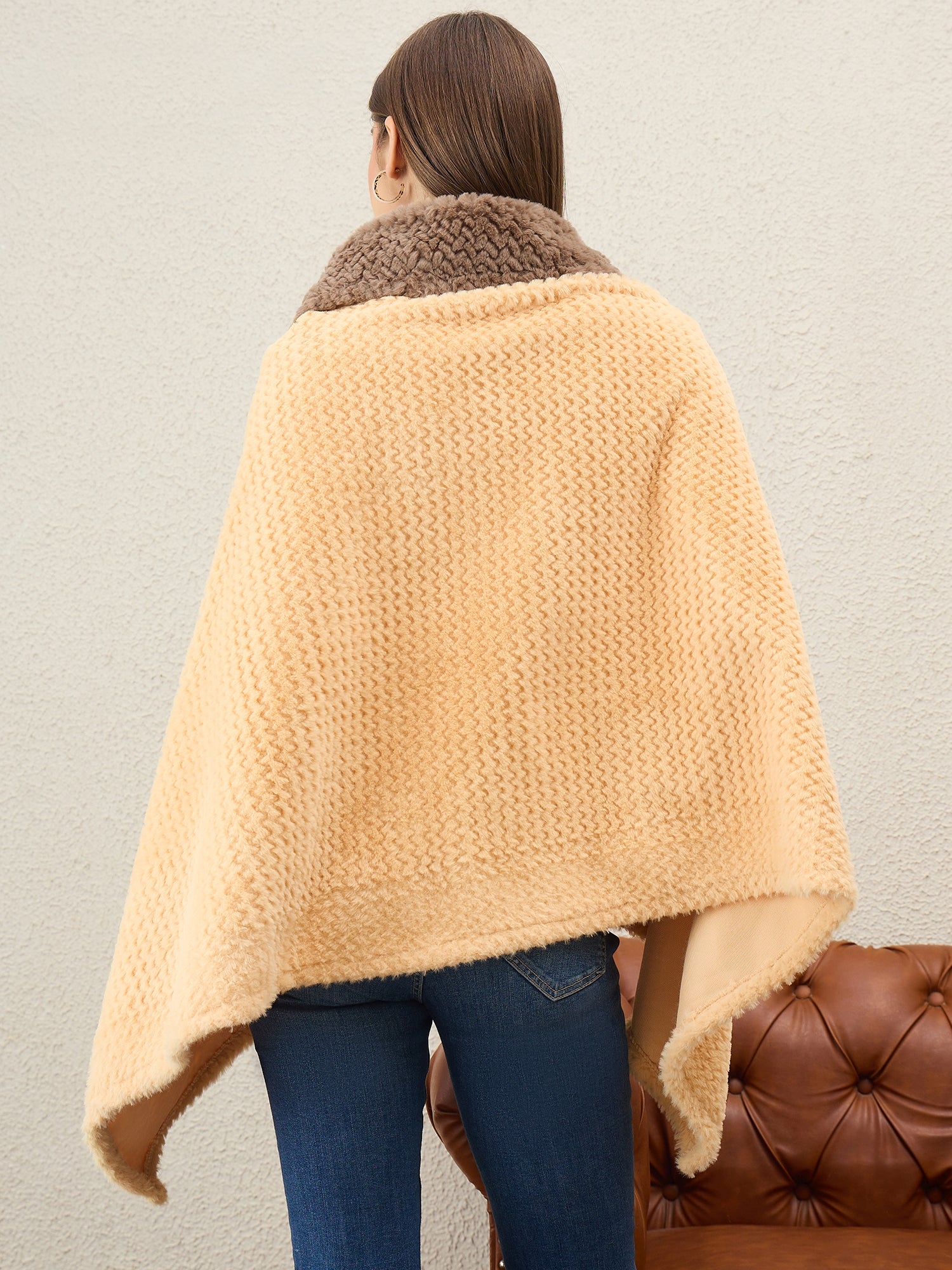 Light Yellow Texture Brown Fur Poncho