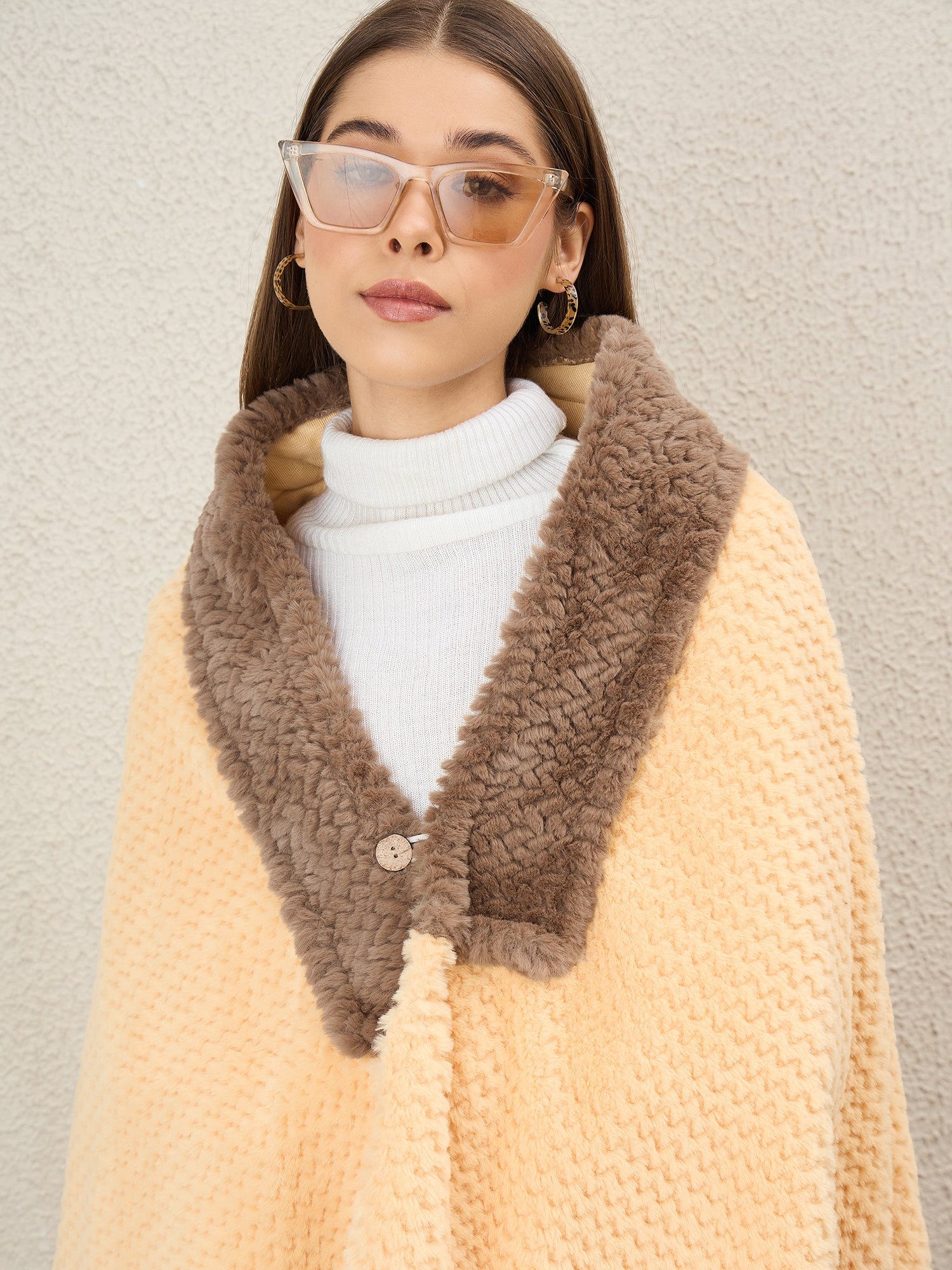Light Yellow Texture Brown Fur Poncho