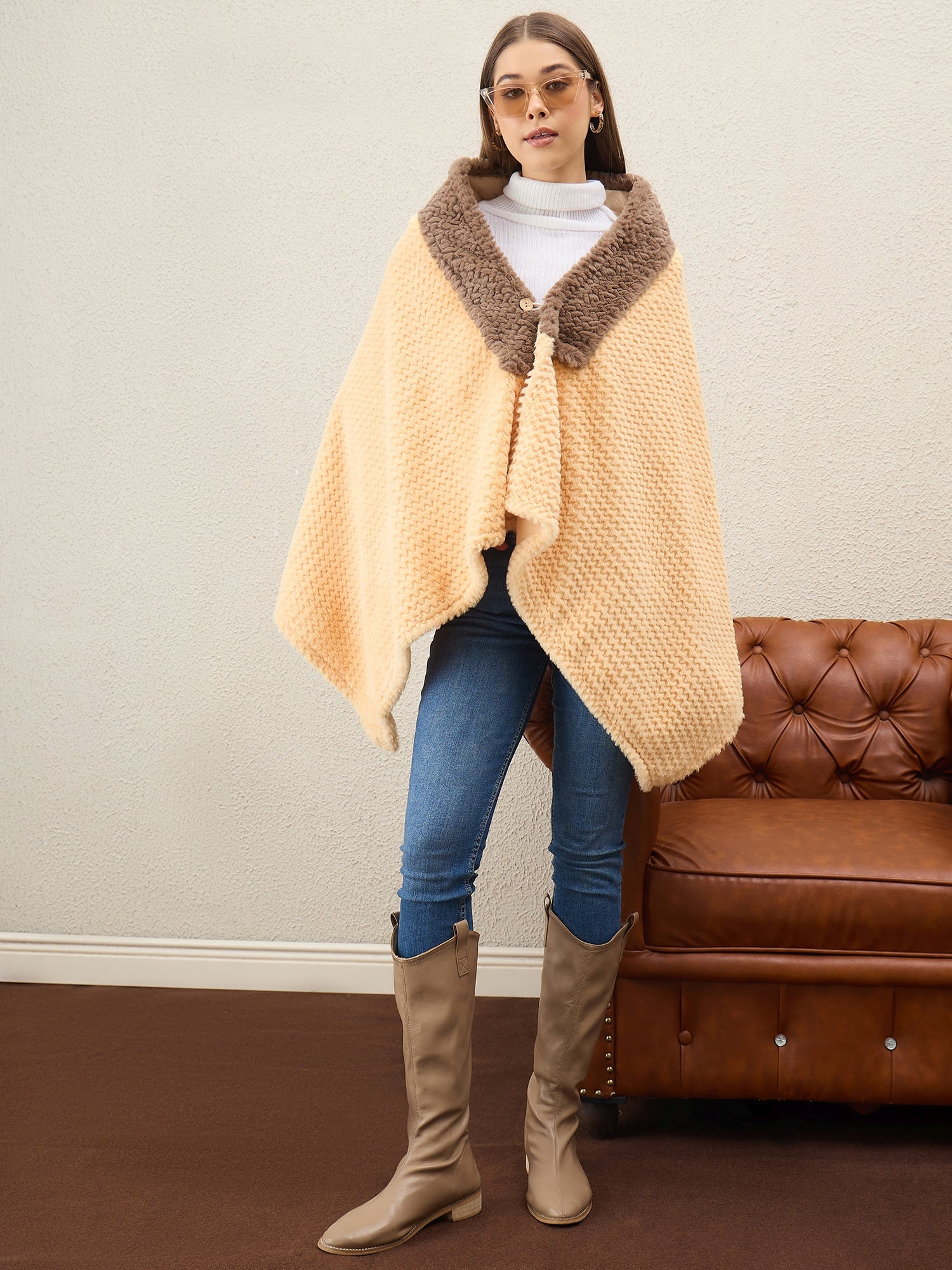 Light Yellow Texture Brown Fur Poncho