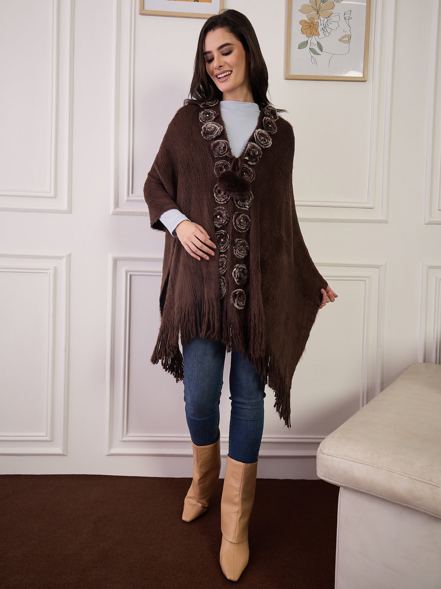 Brown Fur Pom-Pom Poncho