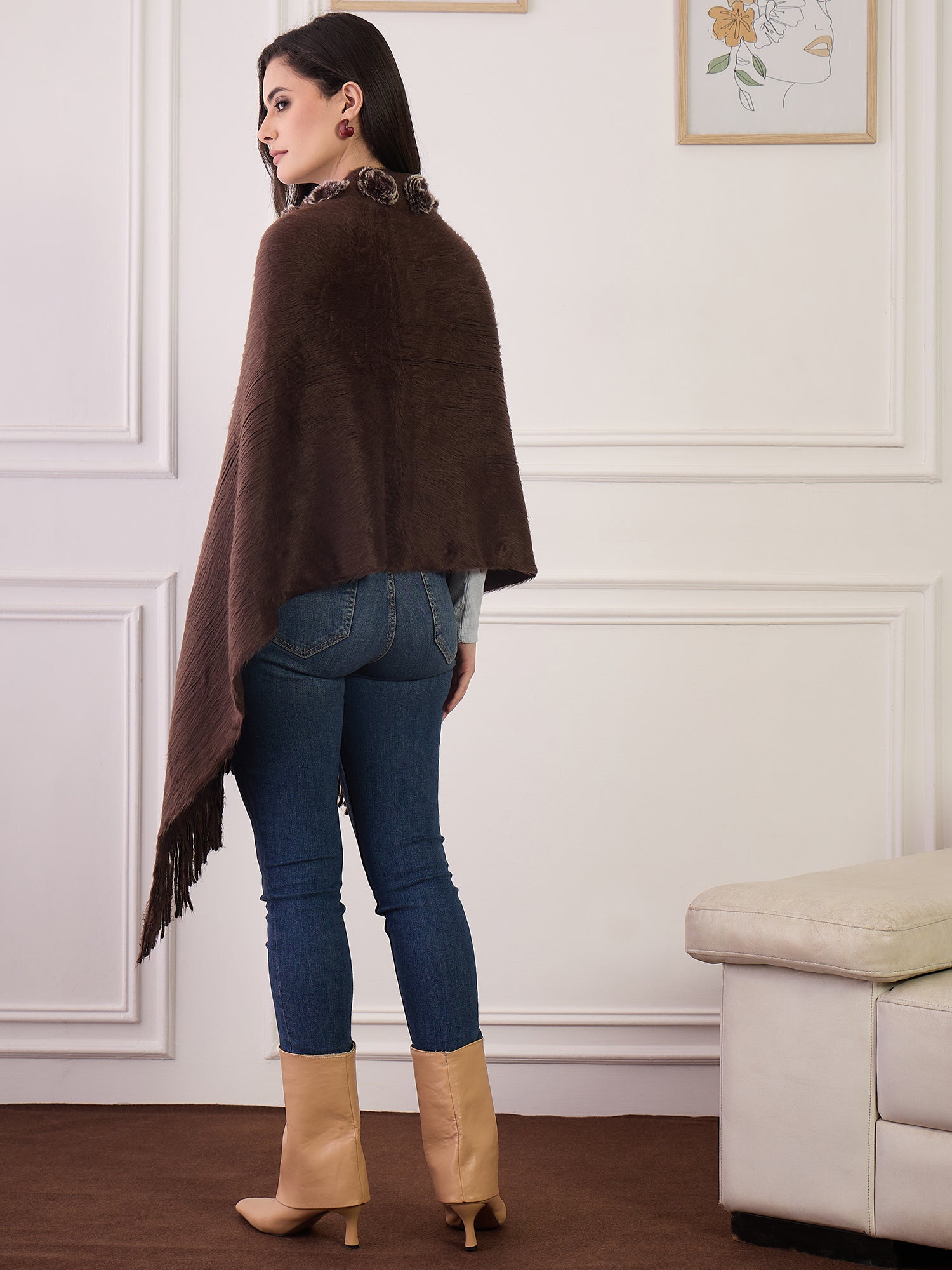 Brown Fur Pom-Pom Poncho
