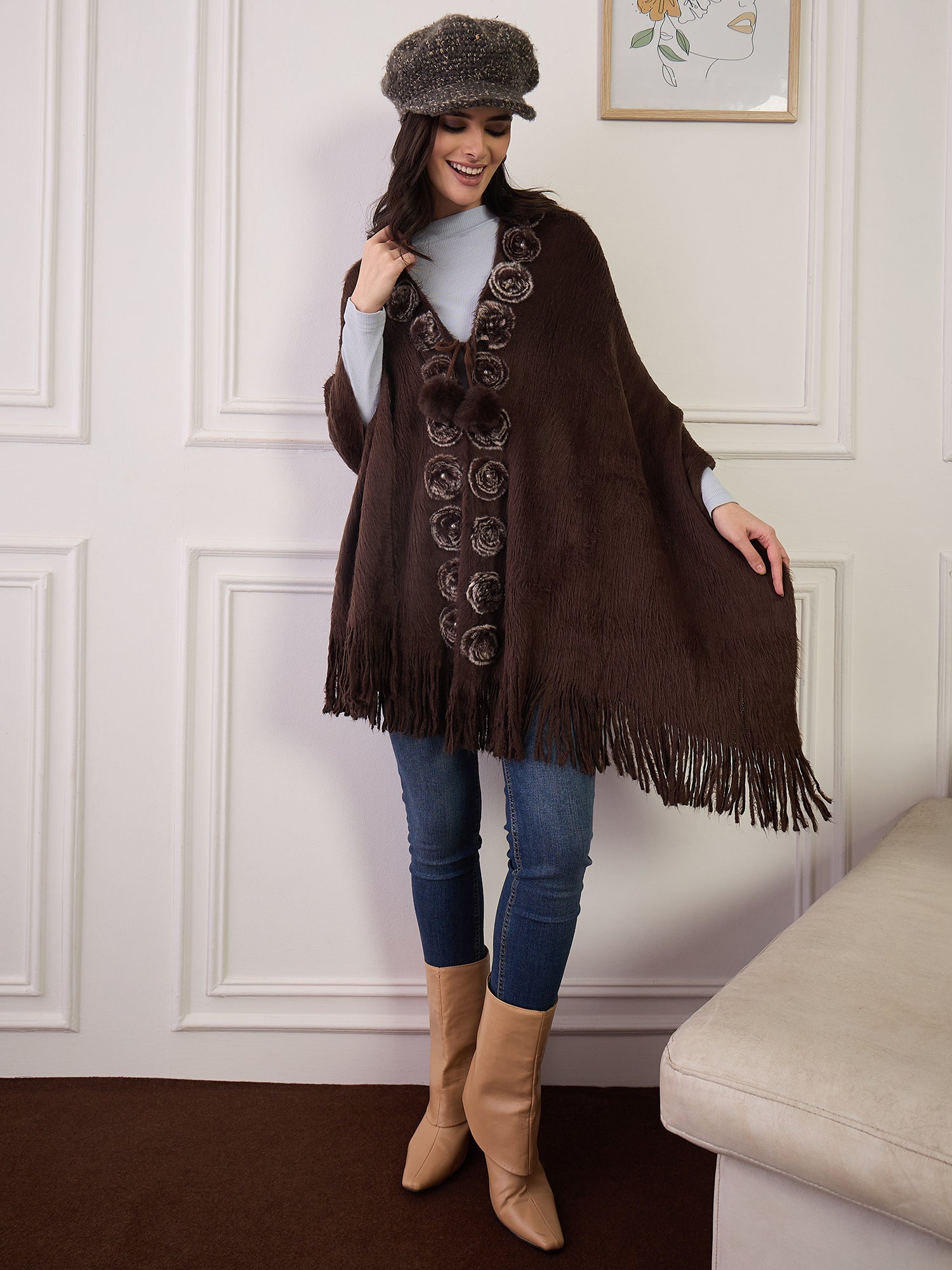 Brown Fur Pom-Pom Poncho