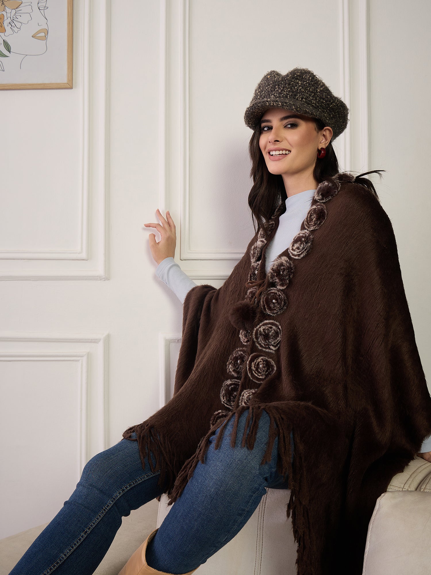 Brown Fur Pom-Pom Poncho