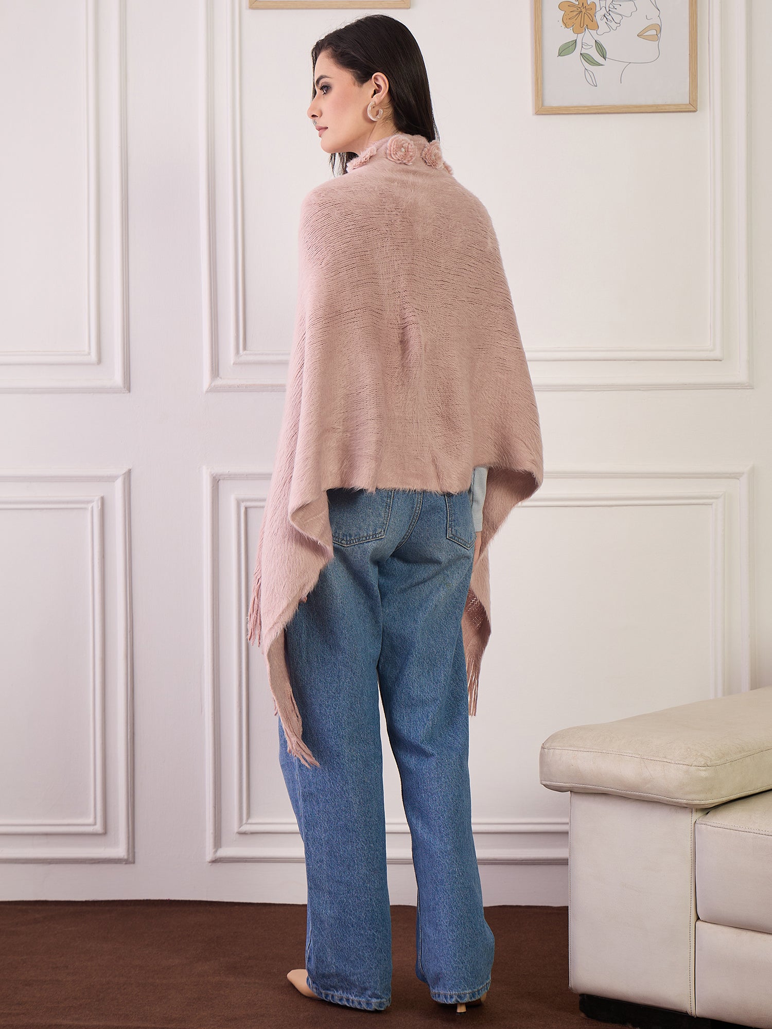 Light Pink Fur Pom-Pom Poncho