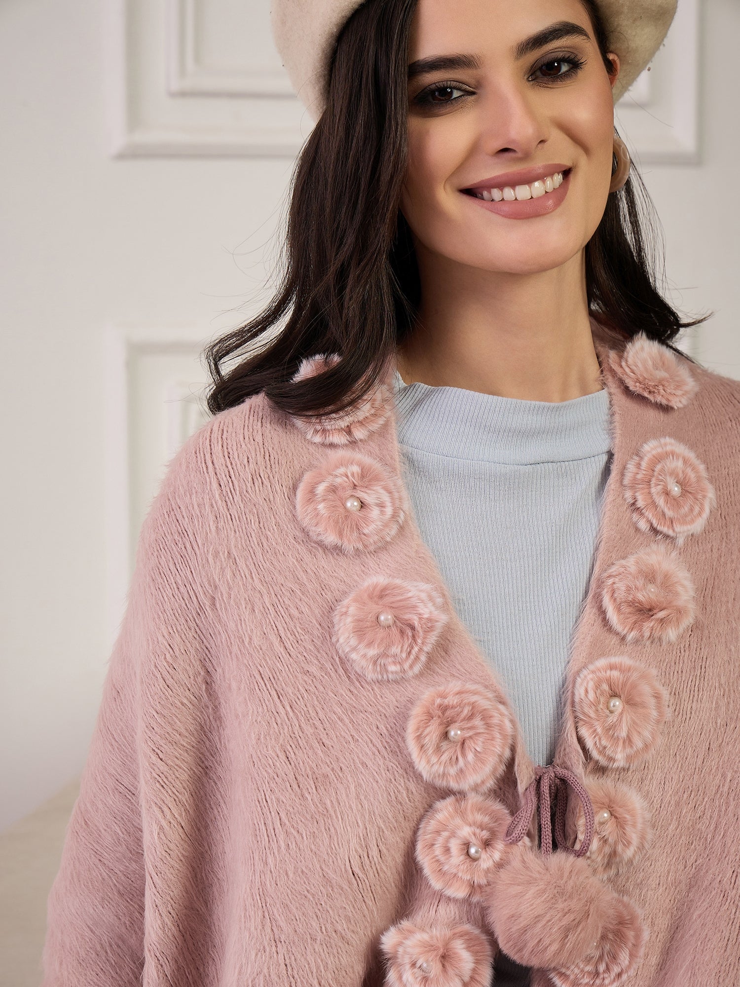 Light Pink Fur Pom-Pom Poncho