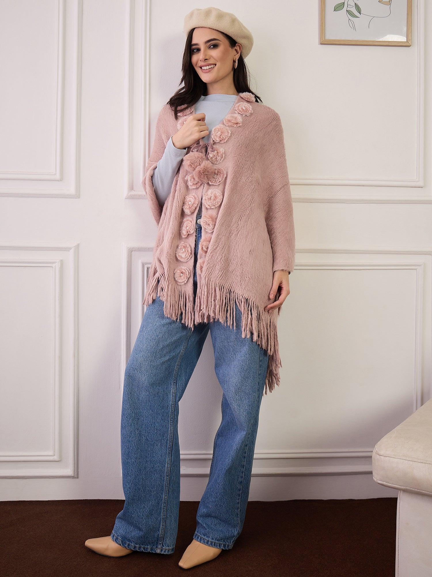 Light Pink Fur Pom-Pom Poncho